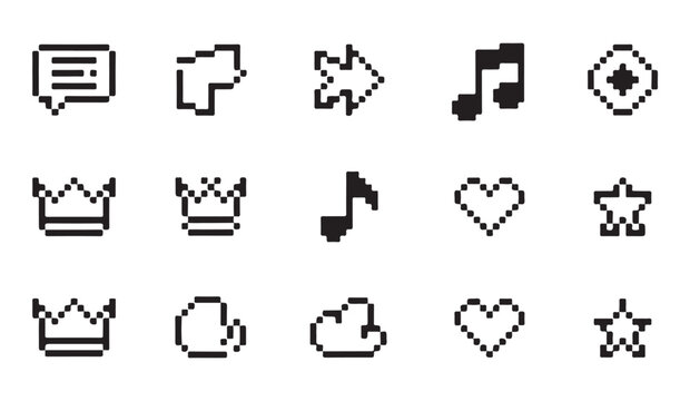 Pixel art icon set including message crowns arrows music notes heart and star.