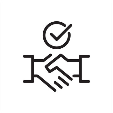 Conclusion agreement, partnership deal thin outline icon. Minimalist line sign two hands in hand shake and check mark. Vector isolated pictogram perfect for web and app or infographic editable stroke.