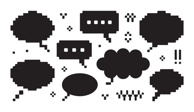 Pixel speech bubble set in black and white for digital communication.
