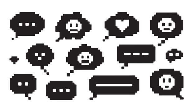 Retro speech bubble collection with pixelated characters and varied communication shapes.