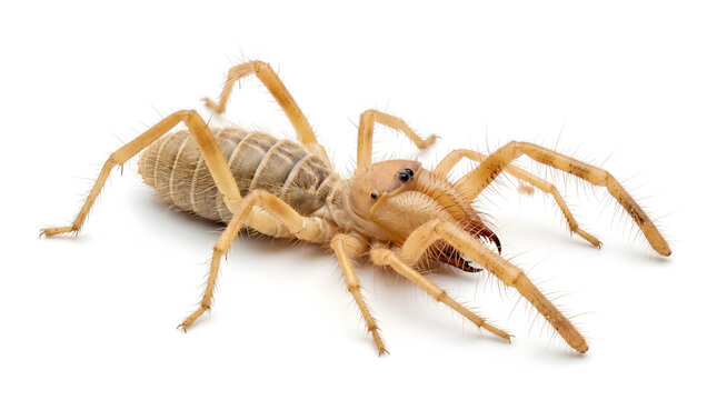 Detailed studio portrait of a desert solifugid, also known as a camel spider, highlighting its unique arachnid anatomy and formidable chelicerae on a pristine white background