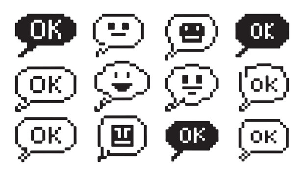 Pixel speech bubbles vector set twelve different talk balloons with OK and emoji.