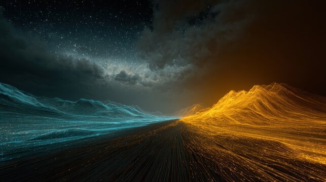 Striking digital landscape depicts a sharp division between glowing blue and orange illuminated terrain under a stormy night sky