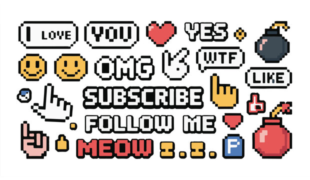 Pixel art interface elements for social media and websites, playful retro design.