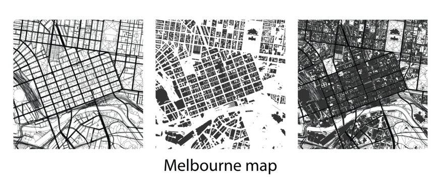 Melbourne city map vector illustration with building footprints, roads, highways, and streets background for urban planning, navigation, or design.