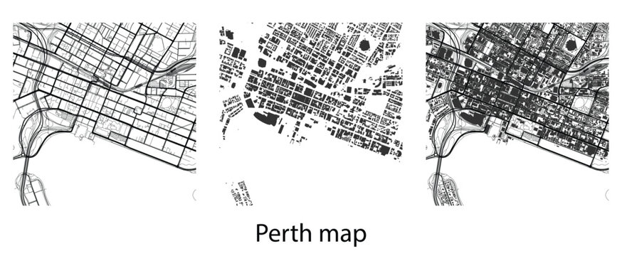 Perth city map vector illustration with building footprints, roads, highways, and streets background for urban planning, navigation, or design.