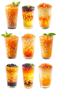 Orange bubble tea Filipino Sagot Gulaman filled with tapioca pearls and topped with mint, isolated on white background.