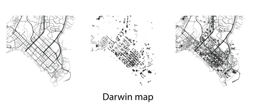 Minimalist Darwin City Map Vector Set, Abstract Urban Plan with Roads, Building Footprints and Harbor Topology, Architectural Design Elements.