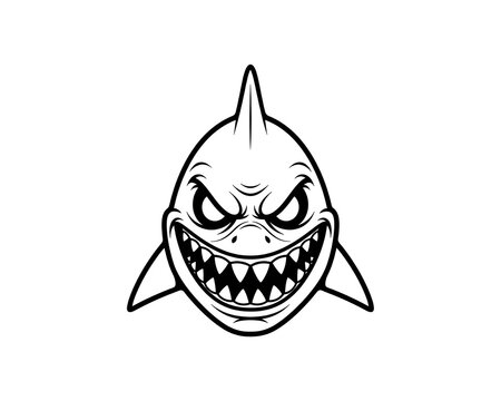 Angry shark face with bared teeth and evil eyes, bold black and white graphic