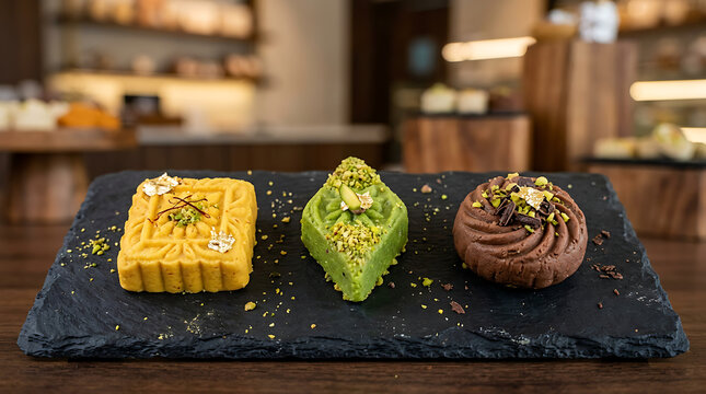 Three colorful sandesh sweets arranged on a dark slate board in a bakery setting