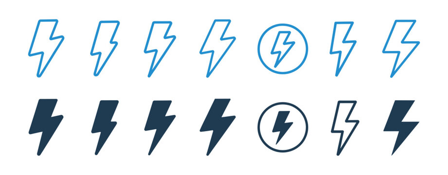 Thunder and lightning bolt icon set featuring electric flash symbols, energy power signs, electricity strike elements, and modern thunderstorm vector illustrations isolated on transparent background.