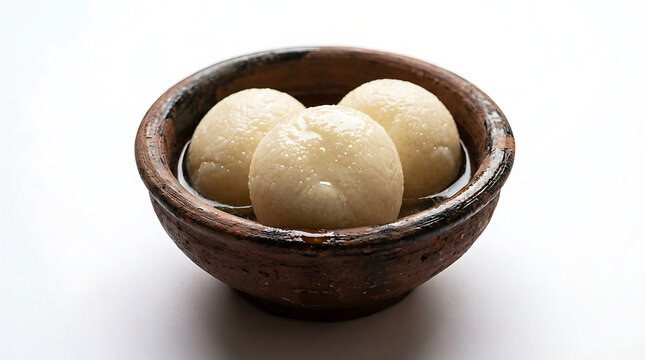 roshogolla sweets in a traditional earthen bowl on a white surface