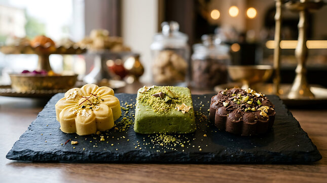 Three traditional indian sandesh sweets on a dark slate board close up studio food photography