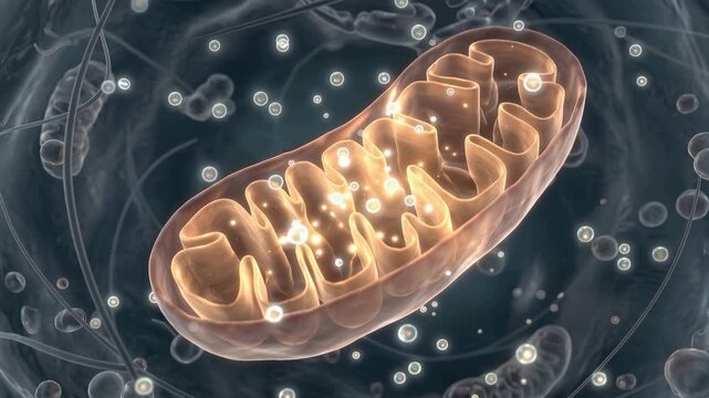 Cinematic 3D microscopic human cell animation, glowing mitochondria generating energy particles, detailed organelles, vibrant biological activity, metabolism and biotechnology concept, 4K video