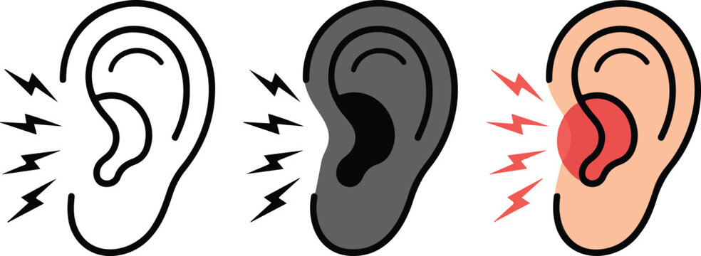 Medical illustration set of human ears with lightning bolts showing earache pain hearing damage or tinnitus symptoms