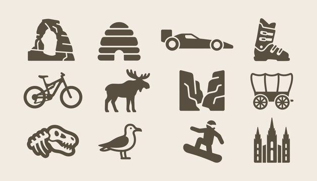 Utah travel and outdoor adventure icons set for tourism and recreational branding