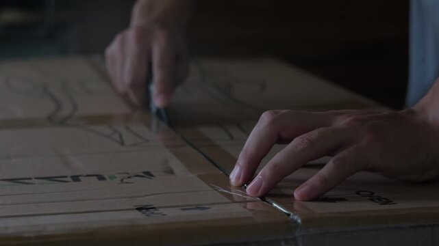 Close-up static shot of hands using a pocket knife to cut open a cardboard box in a dim indoor workspace