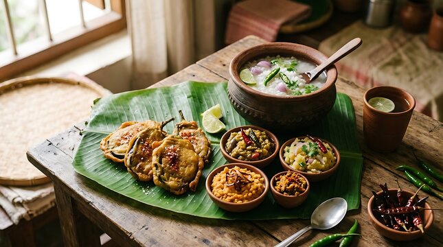 panta bhat and beguni bhorta with traditional side dishes on a banana leaf