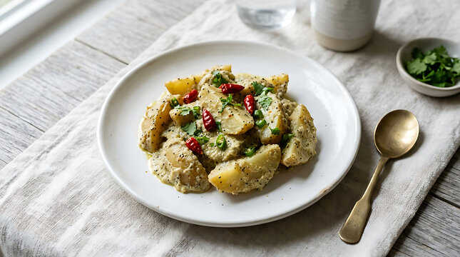 aloo posto a traditional bengali potato and poppy seed dish served on a white plate