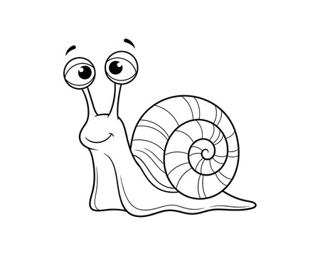 Funny cartoon snail with large eyes, side view, outline, on white background
