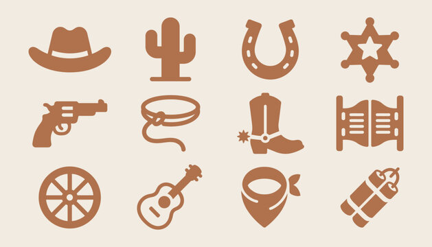 Wild West flat vector icon set for cowboy themed graphic design and western branding