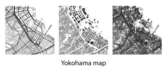 Obraz premium Yokohama City Map Vector with Streets Roads Coastline and Buildings Footprint Figure Ground Architectural Plan Diagram Grid Network Design Background