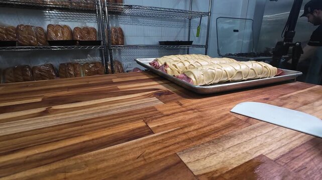 Medium shot of a professional bakery workspace featuring a tray of artisan pastries and shelves filled with fresh bread in a local bakery.