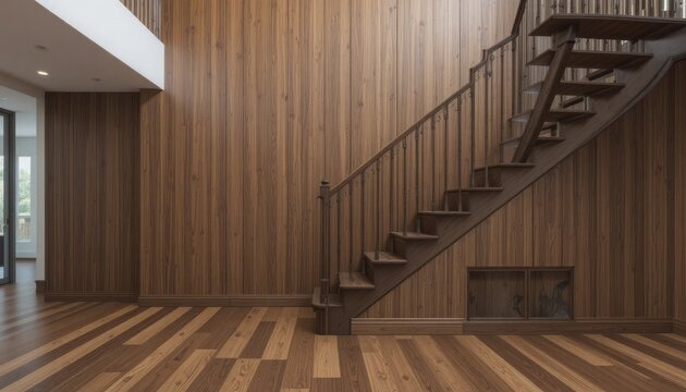 Modern interior design featuring a wooden staircase with metal railing and wooden floor in a room with wood paneling on the walls and a white ceiling