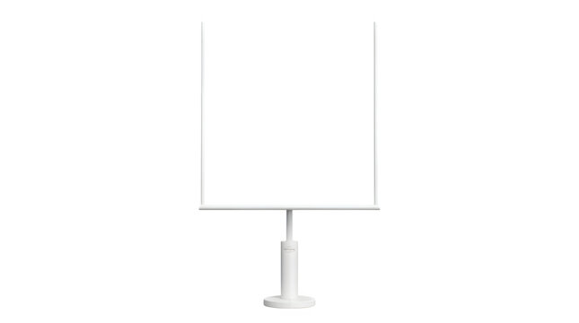 A white standing sign holder with a blank white board on a transparent background