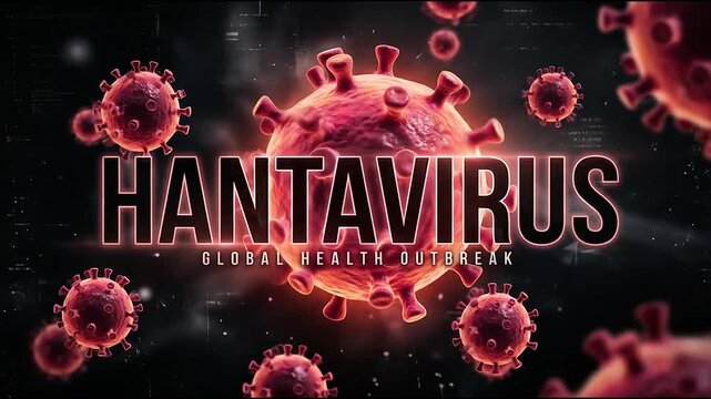 Glowing Hantavirus outbreak warning with red pathogen cells.