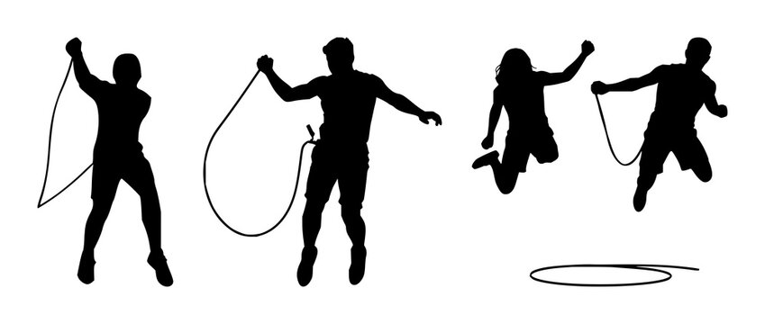Jump rope silhouette set with stark white background featuring fitness, exercise, cardio with motion and nylon rope and vibrant athletic motion