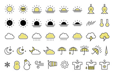 Obraz premium 天気のアイコン セット イラスト 素材 線 ベクター 飾り シンプル 天候 洗濯指数 雨 曇り 雪