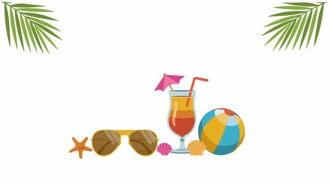 Summer Beach Elements Animation with Sunglasses Cocktail and Palm Leaves