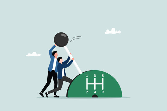 Paradigm shift technology to new business level, control or shifting speed for company growth, transformation and disruption concept, businessman team shifting transmission knob to faster new level.