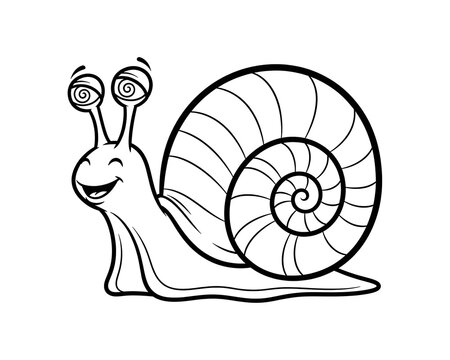Joyful cartoon snail with swirly eyes and a large striped shell moving forward pleasantly