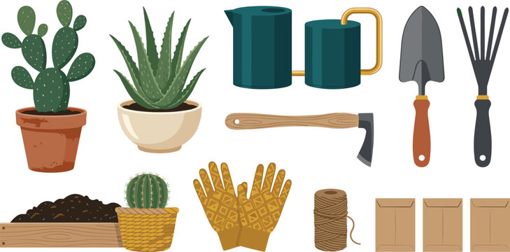 Gardening Tool and Succulent Plant Icon Set with Cactus Aloe Vera Watering Can Trowel Rake Gloves and Seed Packets for Backyard Farming Designs