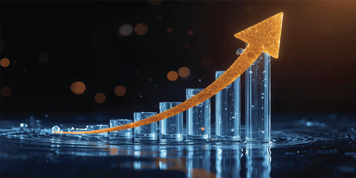 A 3d financial business graph and bar chart with an upward arrow on a black background showing market growth, profit increase, and data progress