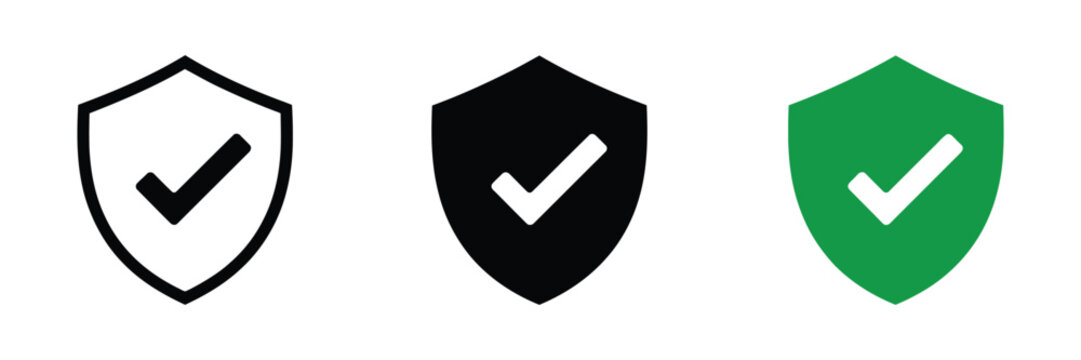 Shield check mark icon or security shield protection icon with tick symbol. green security shield icon set. vector illustrations isolated on transparent background.