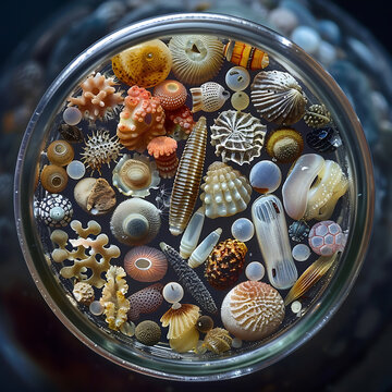 Microscopic Marine Life and Foraminifera Shells in a Petri Dish