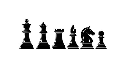 Black Chess Pieces Silhouette - King, Queen, Rook, Bishop, Knight, Pawn on White Background © rahma