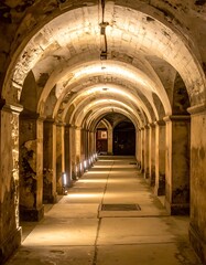 Fototapeta premium A long, dimly lit corridor with arched ceilings and stone walls