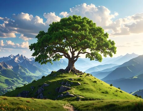 A solitary tree on a green hill with mountains