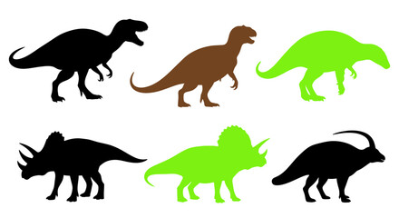 Set of Dinosaur Silhouettes: Tyrannosaurus Rex, Triceratops, Parasaurolophus in Black, Brown, Green © rahma