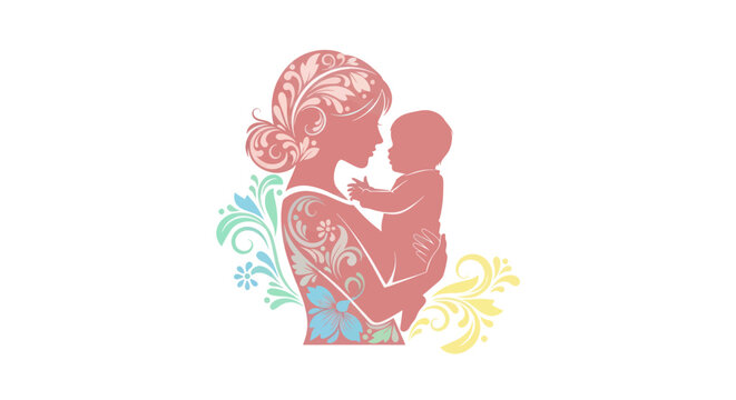 Mother Holding Baby Silhouette with Floral Pattern