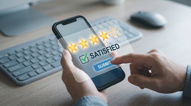 Businessman submitting digital service feedback survey on smartphone. Online customer satisfaction rating system with 5 star quality review. Virtual business excellence app interface for user. 