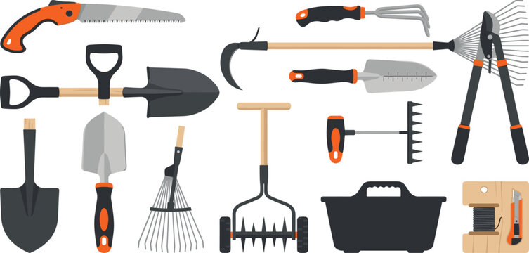 Professional Gardening Hand Tools Set with Shovels Rakes Pruning Shears Lawn Aerator Tool Box Hand Saw and Cultivator Icons for Landscaping Designs