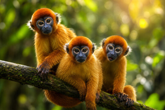 AI generated golden monkeys resting on tree branch in tropical rainforest expressive faces vibrant wildlife atmosphere