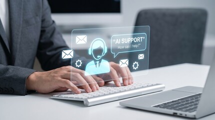Fototapeta premium AI technology business support concept, virtual assistant chatbot interface over keyboard, smart customer service, automated online support, digital communication, and intelligent help desk solutions.