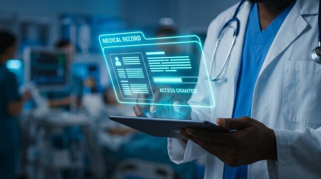 Healthcare medical record doctor technology digital health data patient management system, showing electronic medical document interface for modern hospital, clinic, and healthcare information service