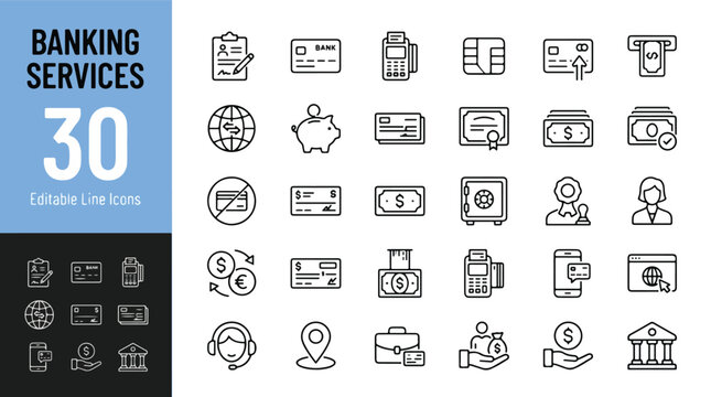 30 Banking Services Line Icons - Financial, Payment, and Business Accounting Icon Set